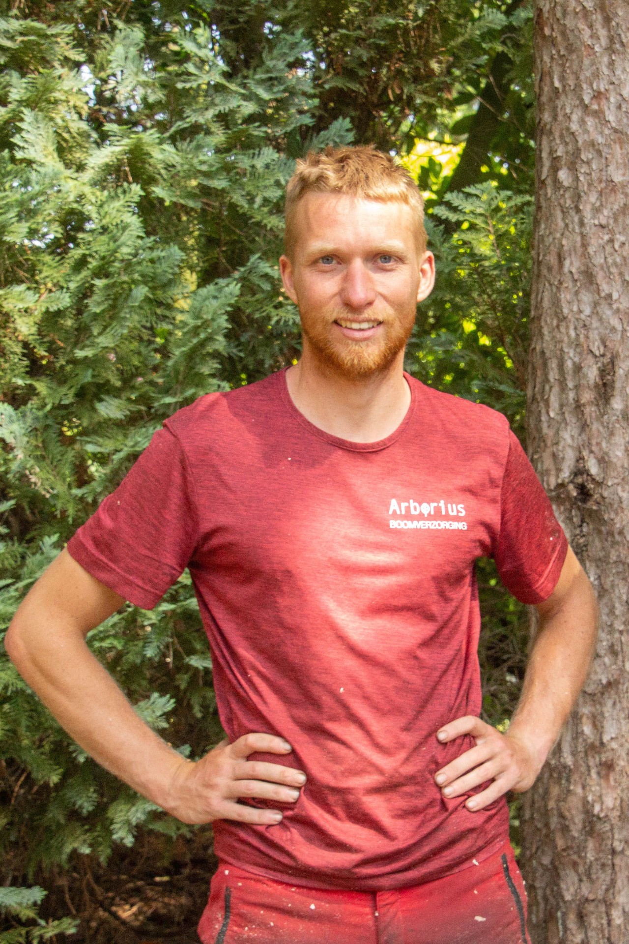 Tim, founder of Arborius, standing beside a tree in fresh green forest